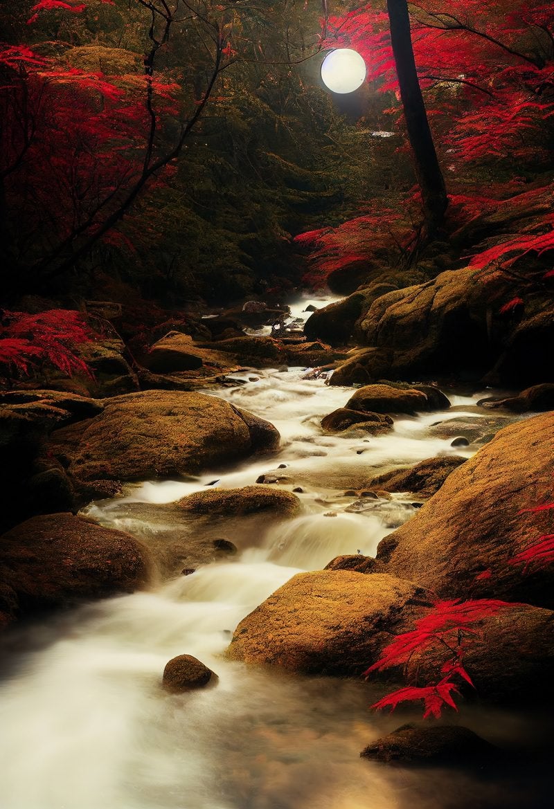 「満月が照らす渓流沿いの赤紅葉」の写真