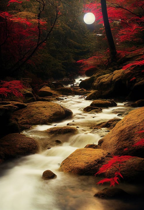 満月が照らす渓流沿いの赤紅葉の写真