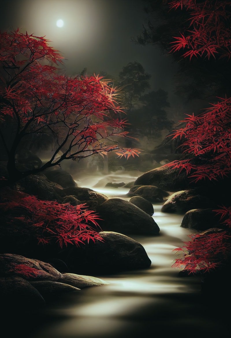 「月が照らす夜の赤紅葉」の写真
