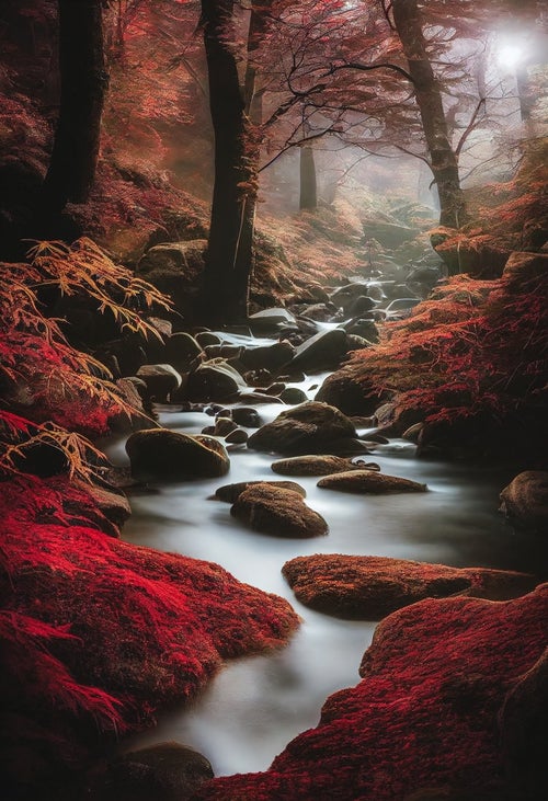 赤で染まる渓流の写真