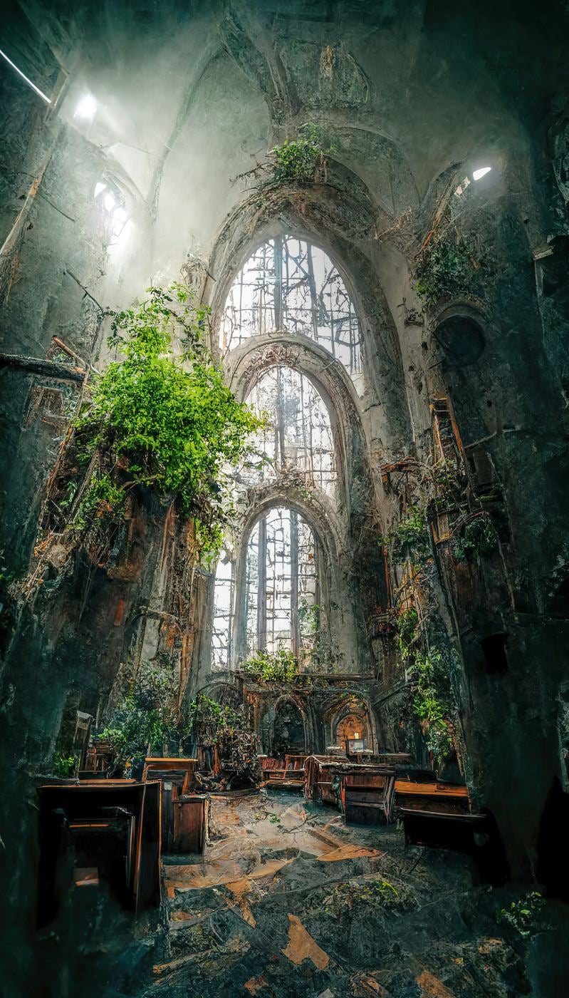 朽ちて植物が伸びる聖堂内の写真