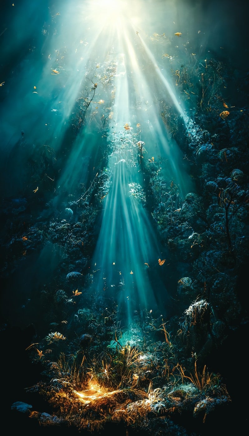 「海底の生命に光が差し込む様子」の写真