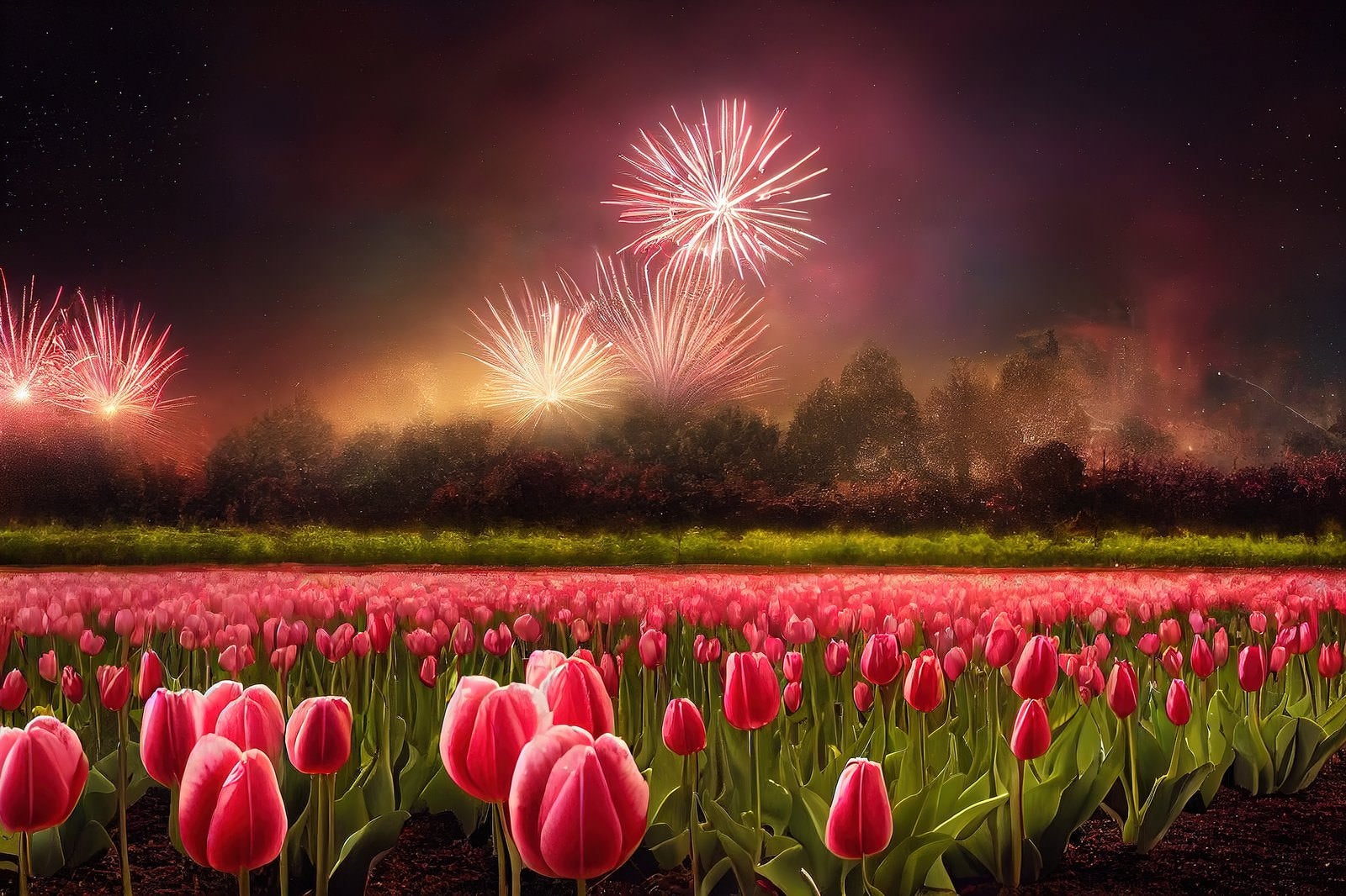 「チューリップ畑と打上花火」の写真