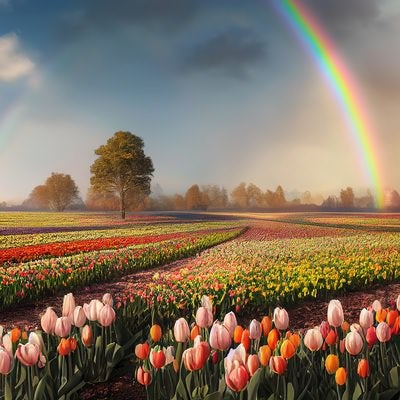 虹がかかるチューリップフェアの写真