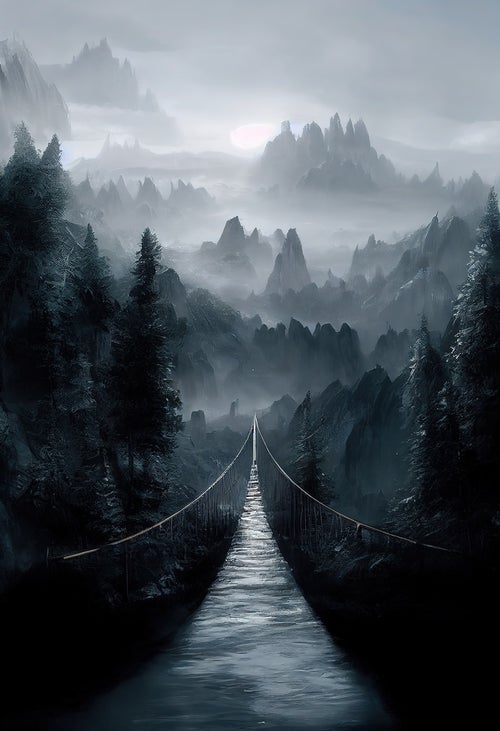 森深くに続く吊り橋の写真