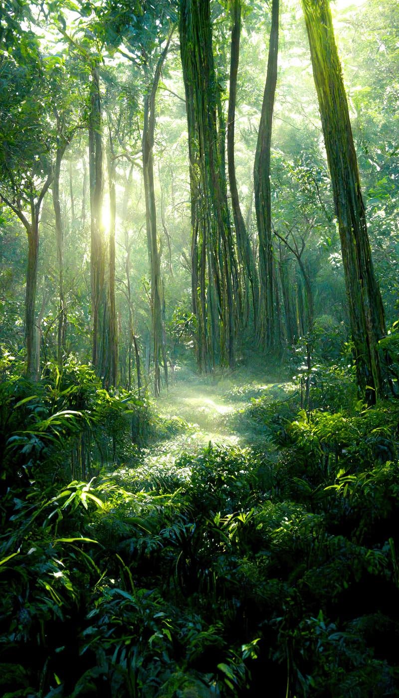 「木漏れ日が差す森の風景」の写真