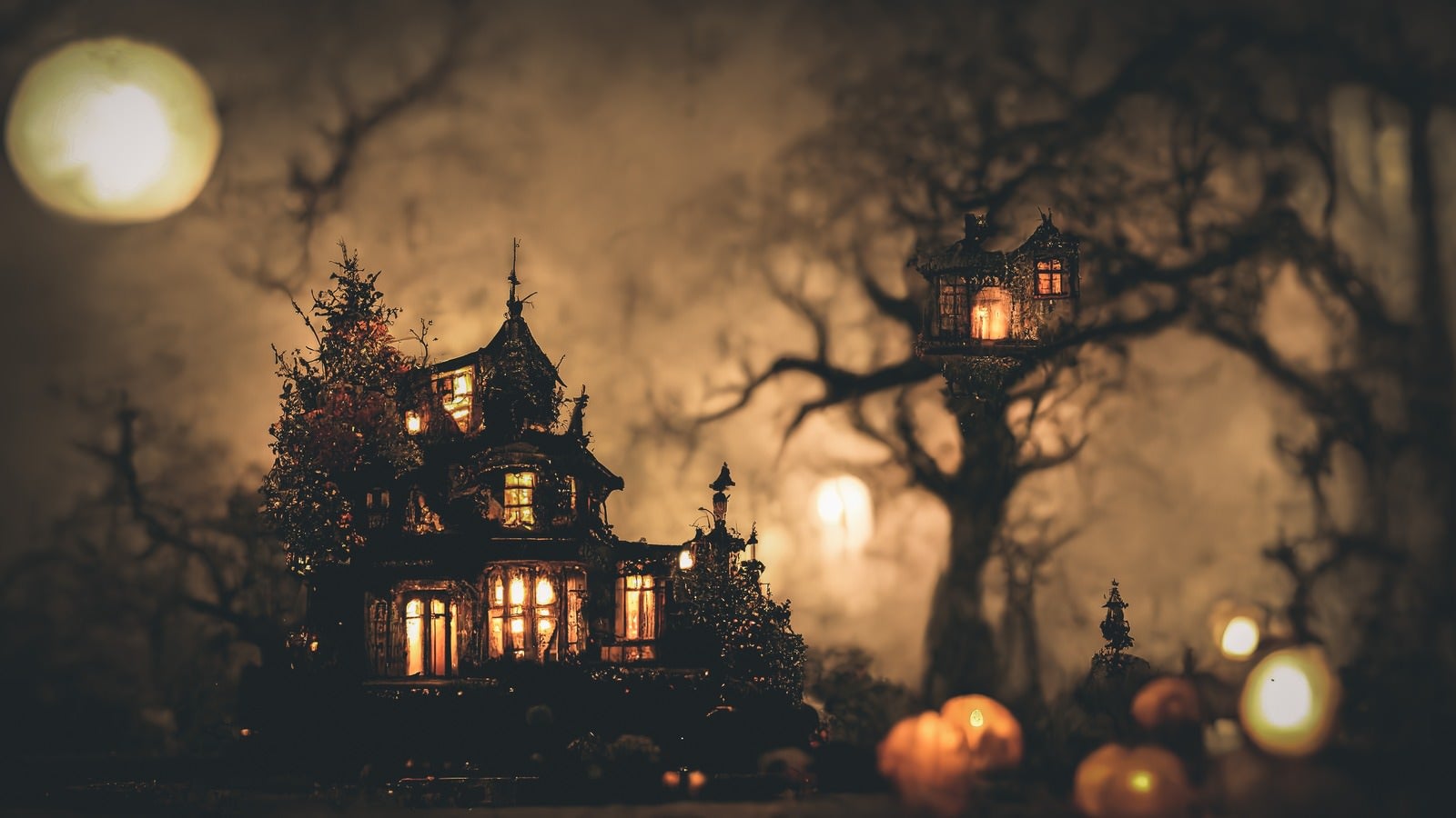 「満月と不気味な雰囲気の古城（ハロウィン）」の写真