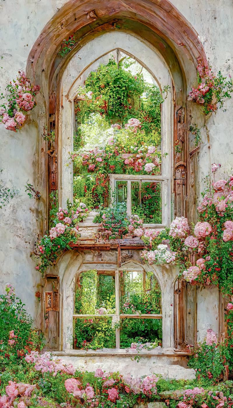 「薔薇が纏わる洋館の窓」の写真