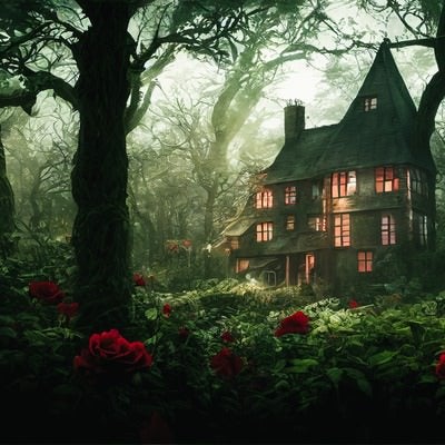 赤い薔薇と魔女の館の写真