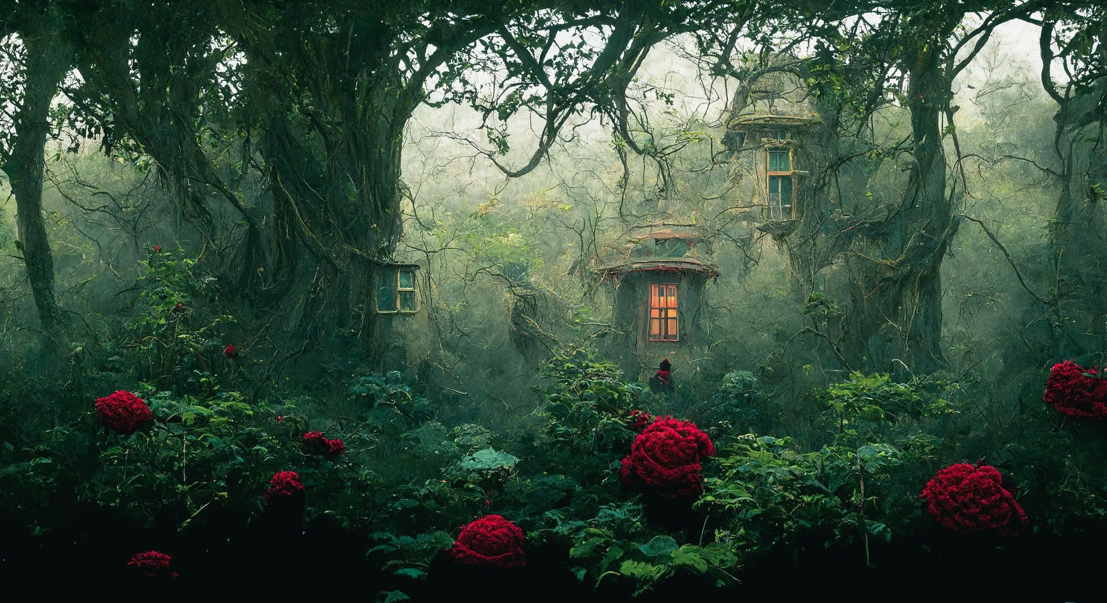 「赤い薔薇が行く手を阻む魔女の家」の写真