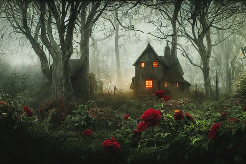 深い森にひっそりと佇む家の写真