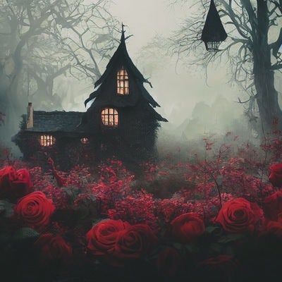 薔薇に覆われるゴーストハウスの写真