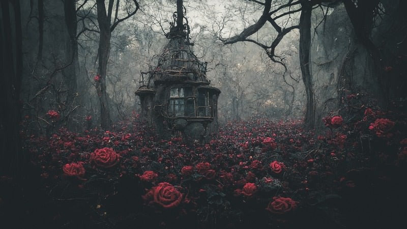 薔薇に占領されたゴーストハウスの写真