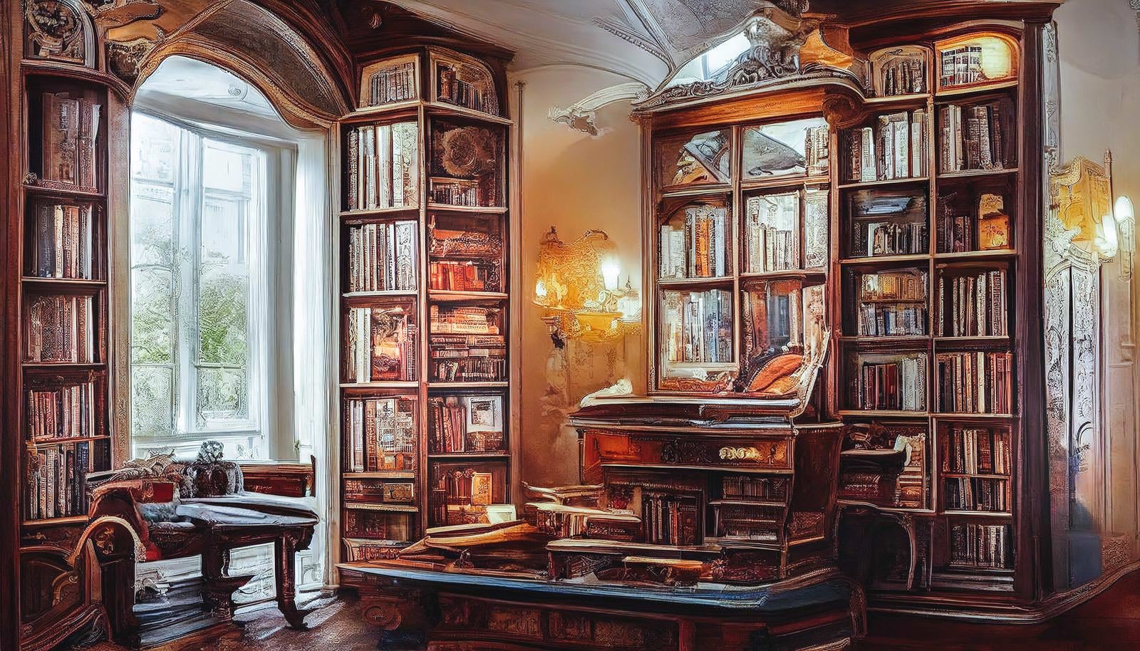「本棚に囲まれる書斎」の写真