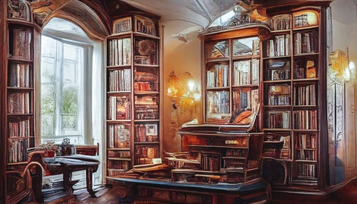 本棚に囲まれる書斎の写真