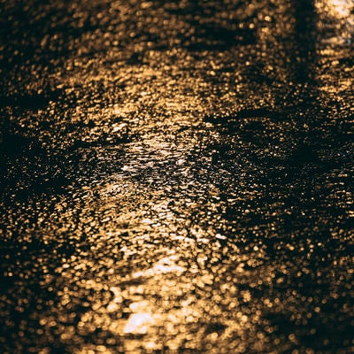 雨で濡れたアスファルトと反射する光の写真