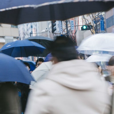 傘をさす歩行者の写真