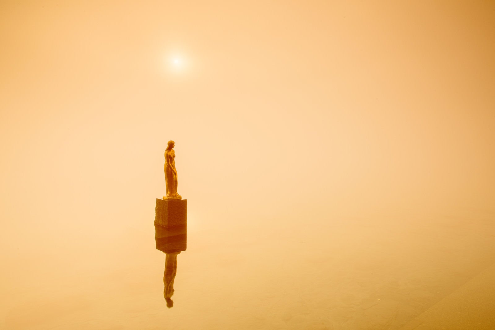 「霧に包まれ朝日を浴びるたつこ像」の写真