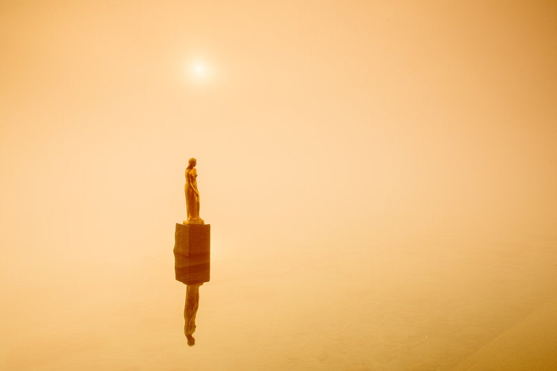 霧に包まれ朝日を浴びるたつこ像の写真