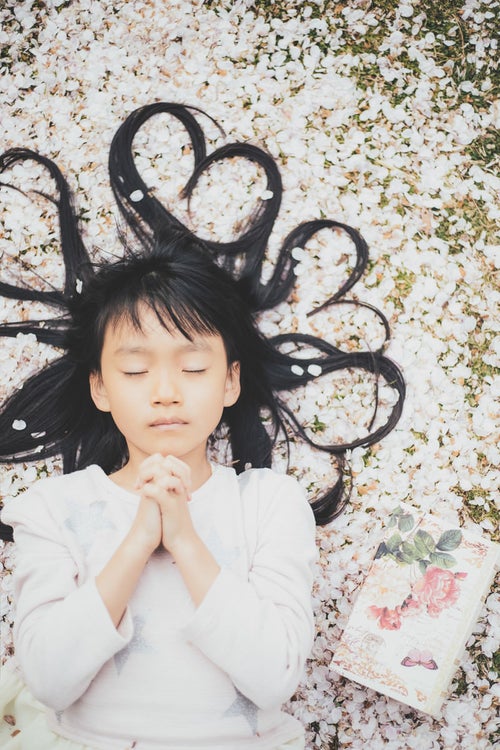 桜の花びらに横たわり祈る女の子の写真