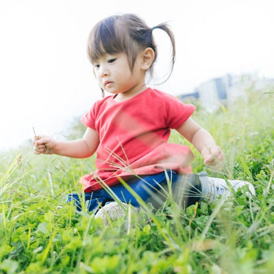 草むらで遊ぶ小さい女の子の写真