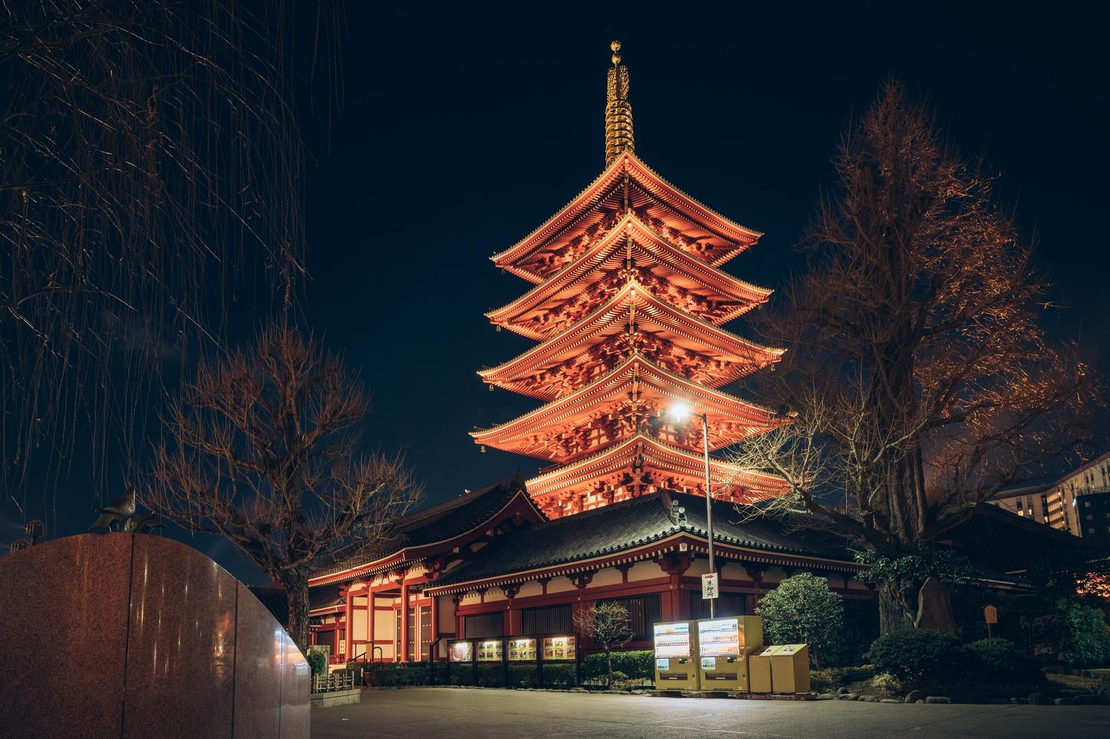 「浅草寺五重の塔の魅力的な夜景」の写真