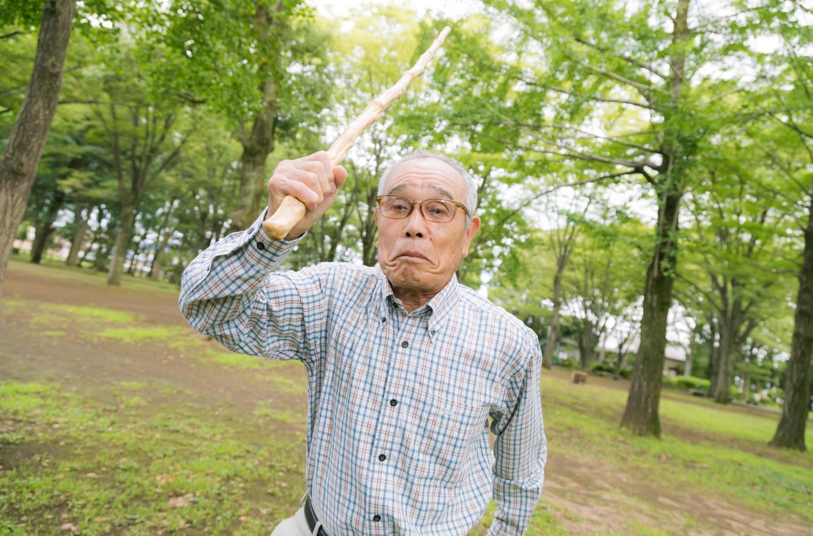 「「もっと高齢者にやさしくしなさい！」と棒を振りかざしてきた近所に住むおじいさん」の写真［モデル：まーちゃん］