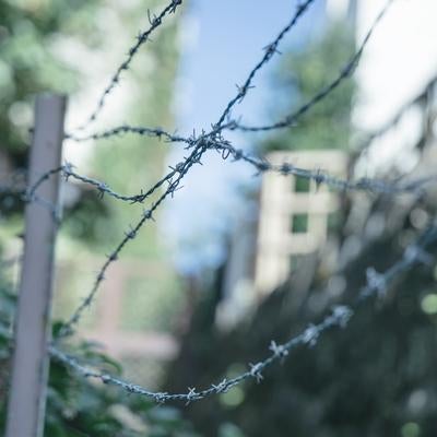 有刺鉄線の向こうに広がる静かな景色の写真