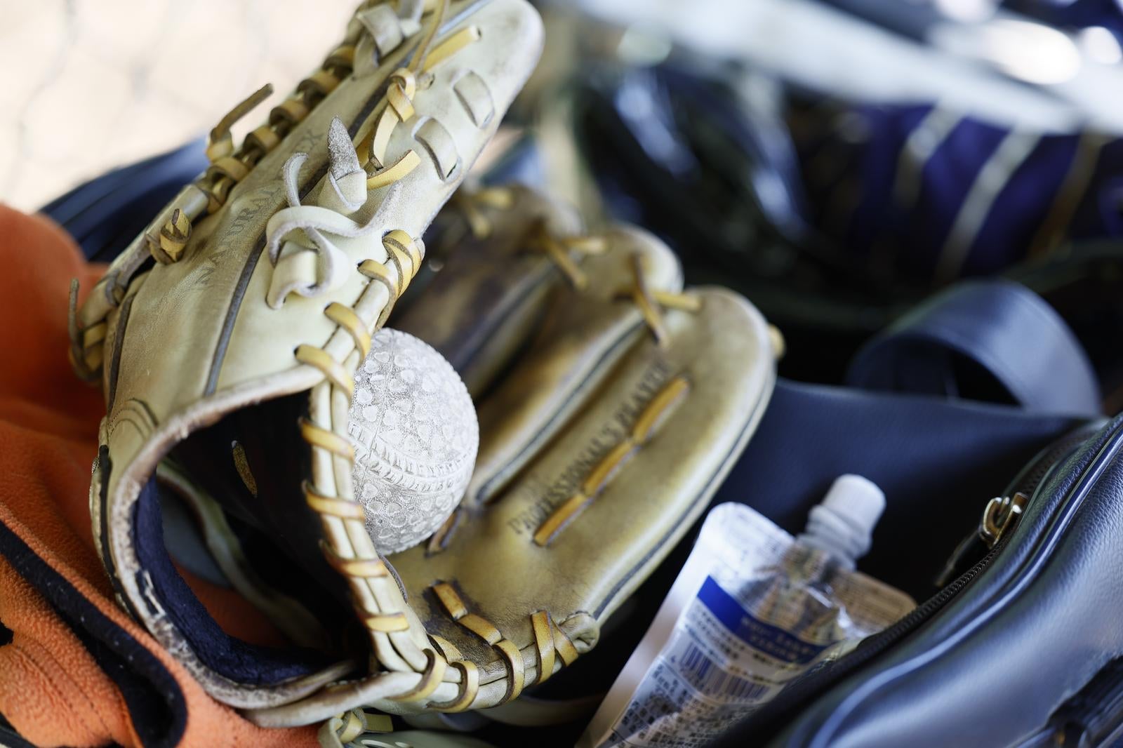 野球バッグに入ったキャッチャーミットと白い硬式ボール