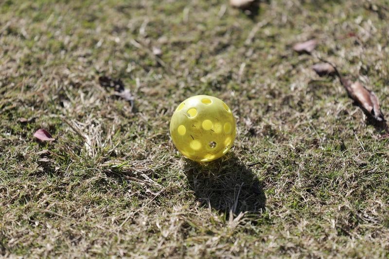 芝生の上に置かれた黄色いピックルボールの写真