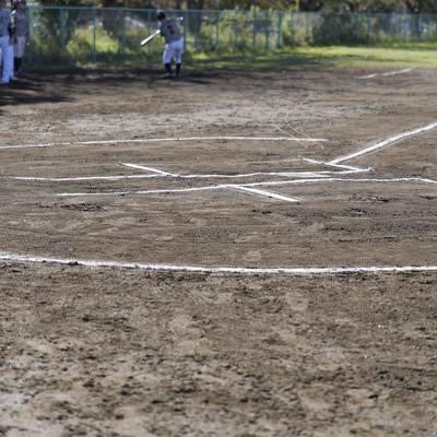 白線で区切られた野球場のホームベース周辺と土のグラウンドの写真