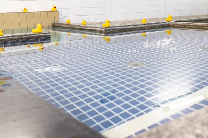 銭湯の浴槽に並ぶアヒル