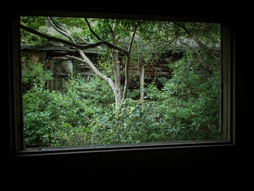 窓から見える廃屋敷の写真