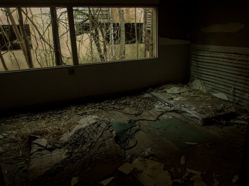 ボロボロに剥がれた廃部屋とマットの写真