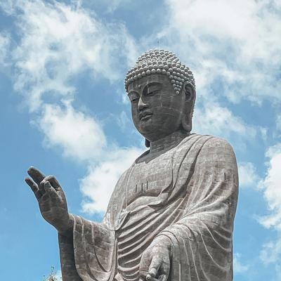 青空の下にそびえる巨大な牛久大仏の写真