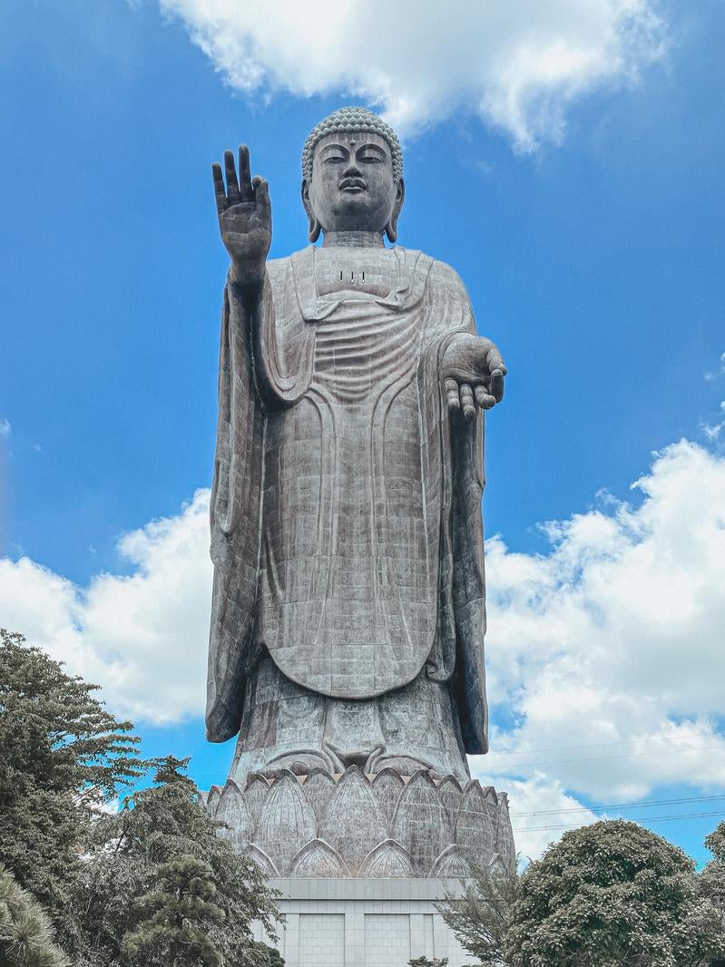 青空を背景に右手を上げて立つ巨大な牛久大仏の全体像