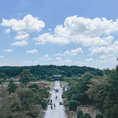 石畳が続く緑豊かな山間の荘厳な参道の写真