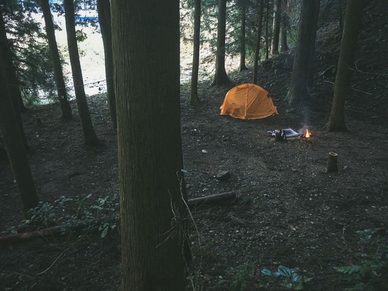 森の中でソロキャンプの写真