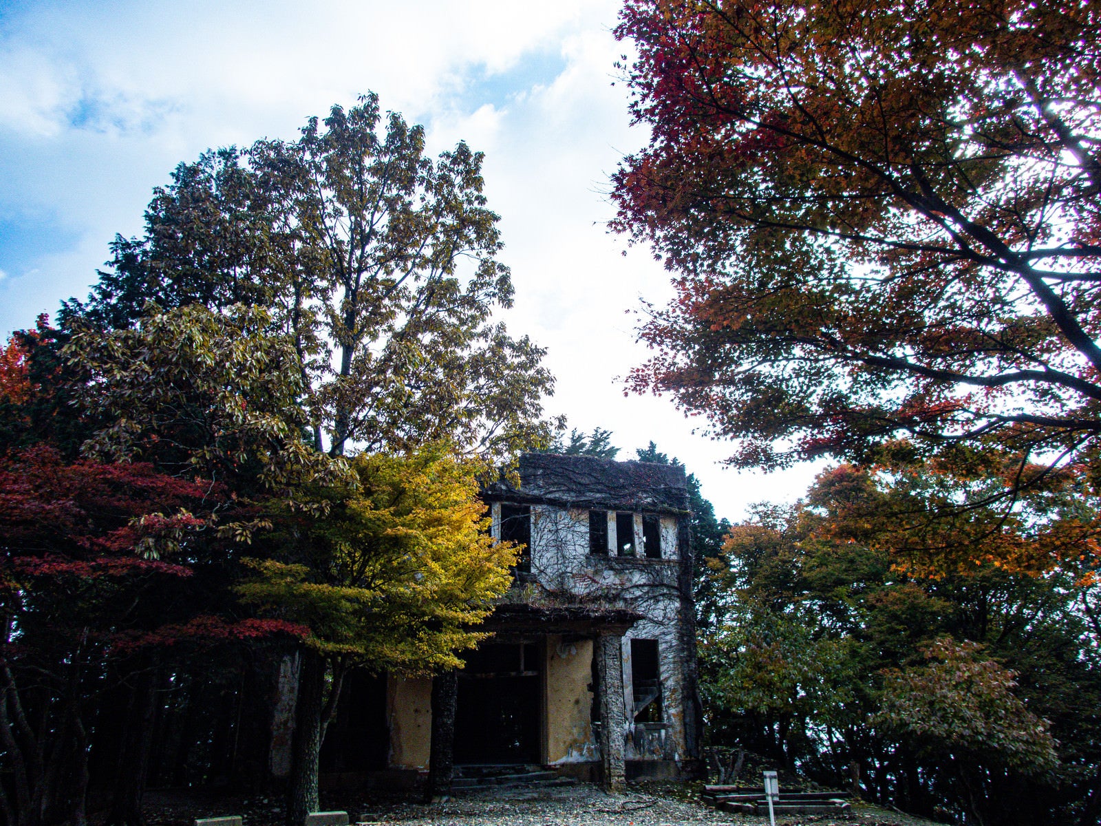 「ケーブルカー駅舎跡を取り囲む紅葉した木々」の写真
