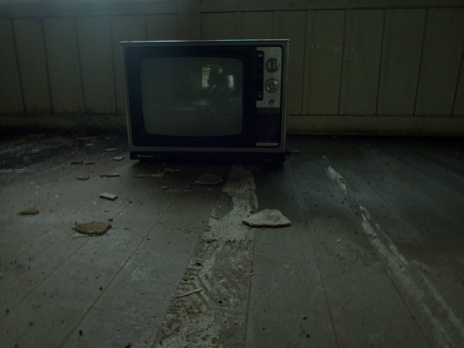「廃屋にぽつんと置かれた古いカラーテレビ」の写真