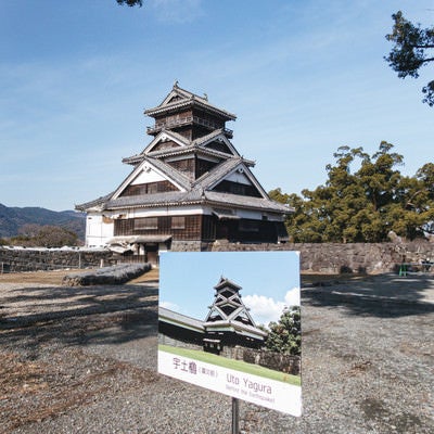 震災前の看板と宇土櫓（熊本城）の写真