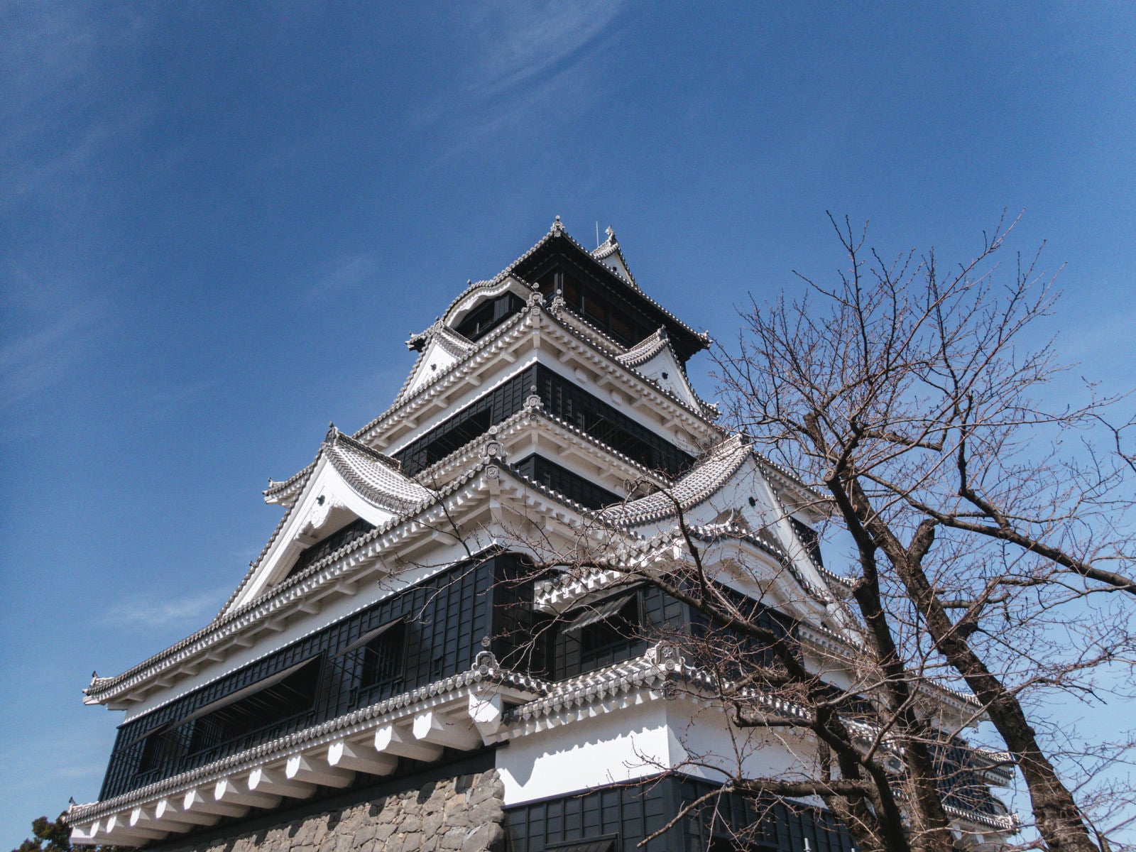 「見上げた空と熊本城天守閣（熊本県熊本市）」の写真