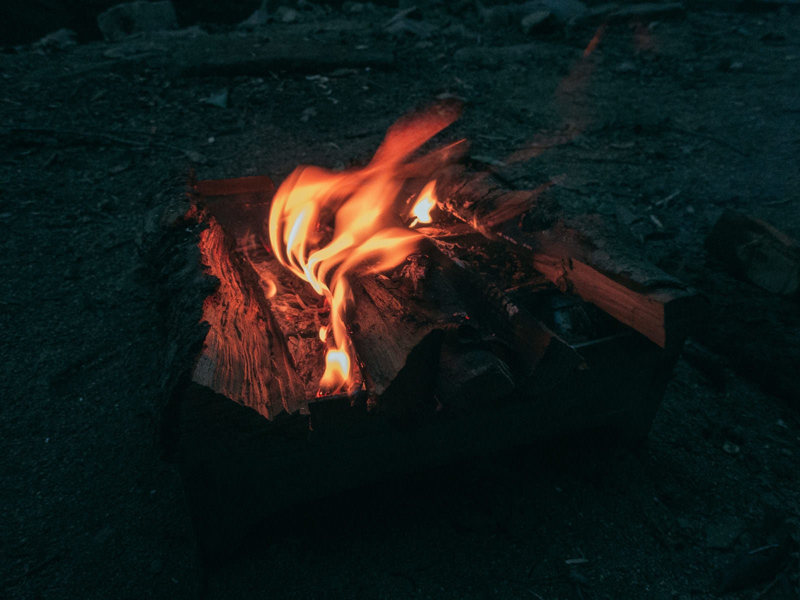 「暗がりのキャンプファイヤーの炎」の写真