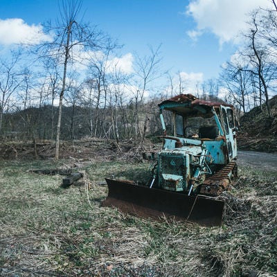 立ち枯れた木々とブルトーザー廃車の写真