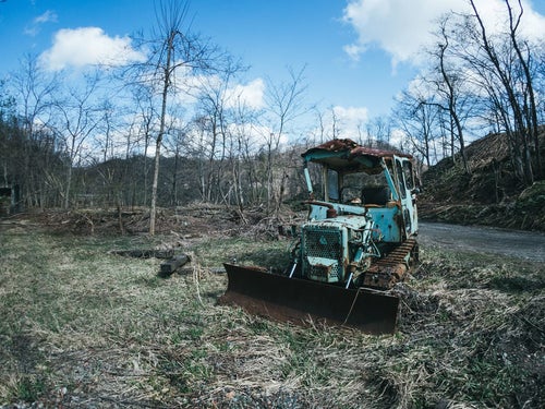 立ち枯れた木々とブルトーザー廃車の写真