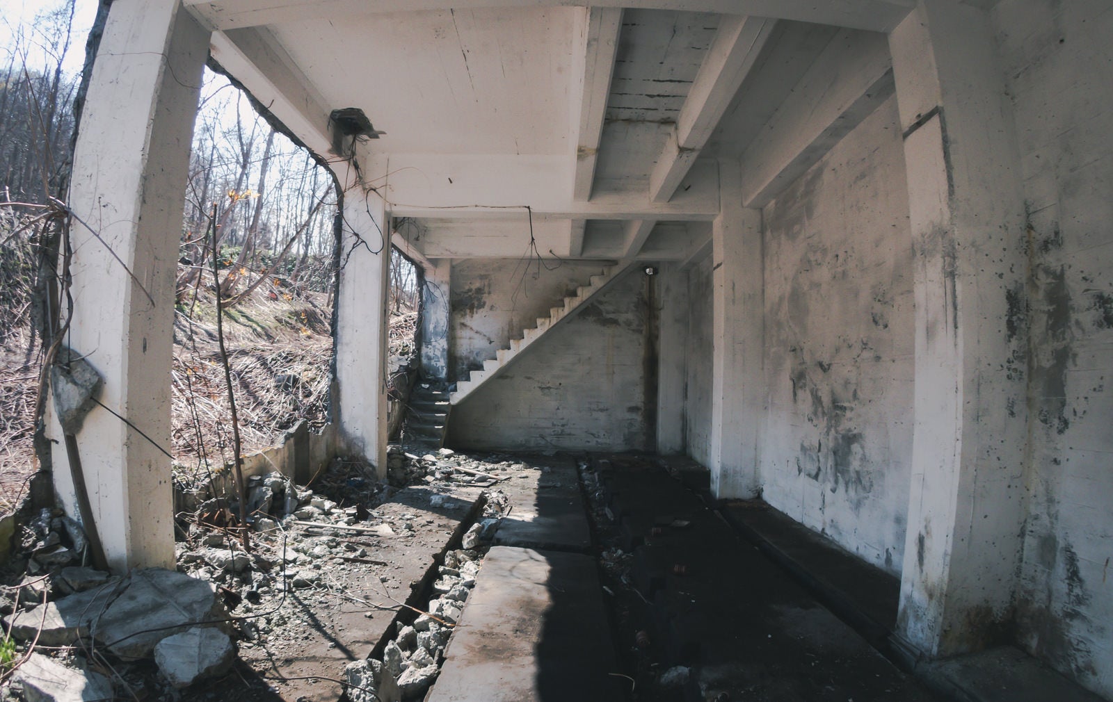 「荒廃した白い壁の廃墟」の写真