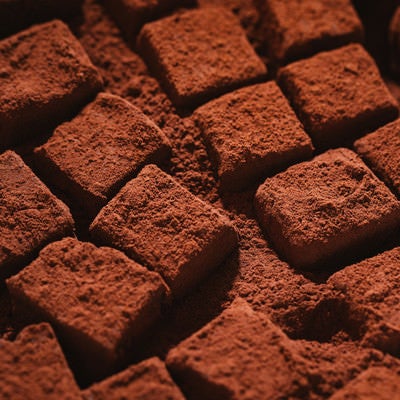 ココアパウダーに埋まる四角い生チョコの写真