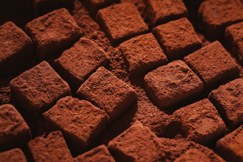 ココアパウダーに埋まる四角い生チョコの写真