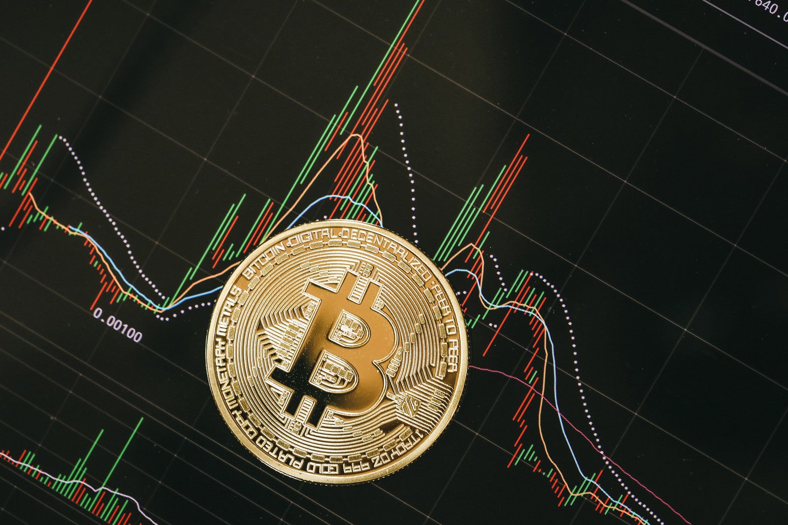 「チャート画面とビットコイン（仮想通貨）」の写真