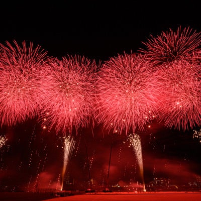 赤い光が夜空を染める江戸川区花火大会のスターマインの写真